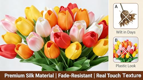 20 Pcs Tulips Artificial Flowers 14" PU Real Touch Fake Tulips for Spring Easter Decor Home Living Room Wedding Centerpiece Bouquet Mother's Gift Day Decotationgs (Colorful) - color: Color：white, Yellow, Orange, Light Pink, Red