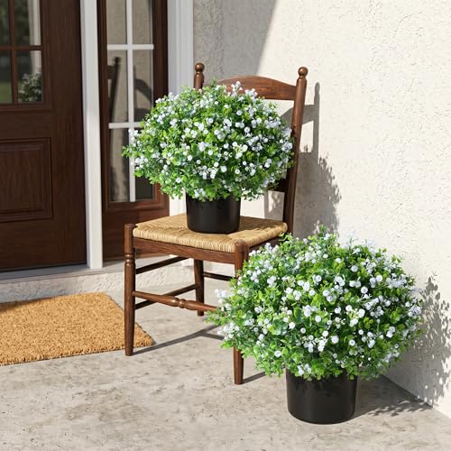 Fake Plants Artificial Flowers for Outdoors Decor, 2 Pack Fake Potted Plants Baby Breath With Green Eucalyptus Look Real UV Resistant Artificial Greenery with Pot for Outside Porch Garden Patio Yard - color: Green - Baby Breath