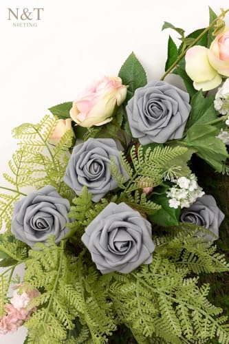 N&T NIETING Artificial Flowers Rose, 50pcs Gray Fake Foam Flowers with Stems for DIY Wedding Bridesmaid Bridal Bouquets Centerpieces Home Arrangement Party Tables Decoration - color: Grey, size: 50pcs