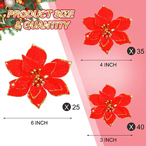 Geosar 100 Pcs 3 Size Christmas Poinsettia Flowers with Clips Glitter Artificial Flowers Small Christmas Tree Ornaments Faux for Xmas Party DIY Craft Wreath Garland New Year, 3/4/6 Inches(Red) - color: Red