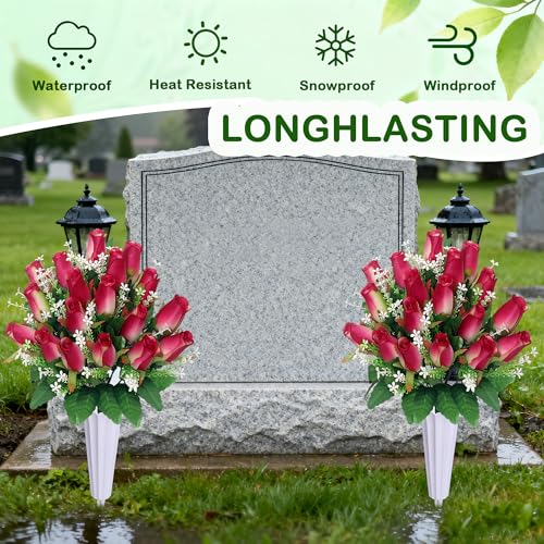 Christmas Artificial Cemetery Flowers for Grave, Memorial Roses Bouquets with Vase for Grave Tombstone Decorations (Rose Pink) - color: Rose Pink