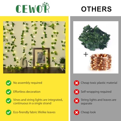 CEWOR Vines with Lights, 40ft Fake Ivy 120 LED Ivy String Lights, Fake Vines Garland with Lights for Home Decor Wedding Decor - size: 40FT ivy with 120 lights