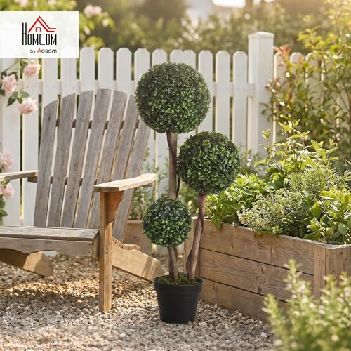 HOMCOM Artificial Plant for Home Decor Indoor & Outdoor Fake Plants Artificial Tree in Pot, 3 Ball Boxwood Topiary Tree for Home Office, Living Room Decor, Dark Green - color: Dark Green