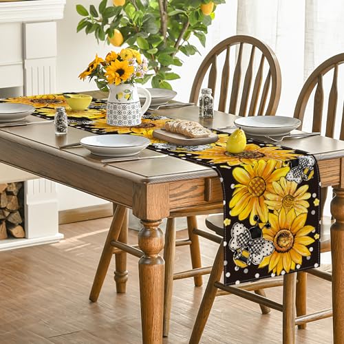 Artoid Mode Black Sunflower Bee Flower Polka Dot Summer Table Runner, Seasonal Kitchen Dining Table Decoration for Indoor Party Home 13x72 Inch - color: Black, size: 13" x 72", Table Runner