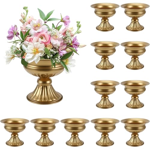 MCMCNCUIU Gold Vases for Centerpieces, Set of 12 Vintage Urn Vase, Small Pedestal Vases for Wedding Centerpieces, Gold Metal Vase for Wedding Table, Party, Home, Anniversary Decoration, 6.6 Inches - color: Gold, size: Urn-12Pcs