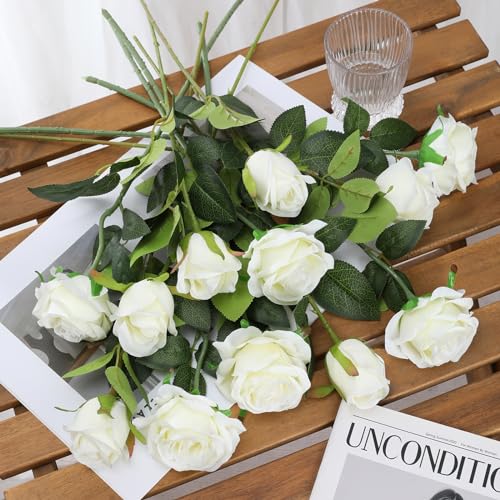 Tifuly White Roses Artificial Flowers - 12 pcs Realistic Long Stem Fake Roses Mashup Style Silk Roses for DIY Bouquets Wedding Centerpieces Arrangements Home Party Decor - color: White