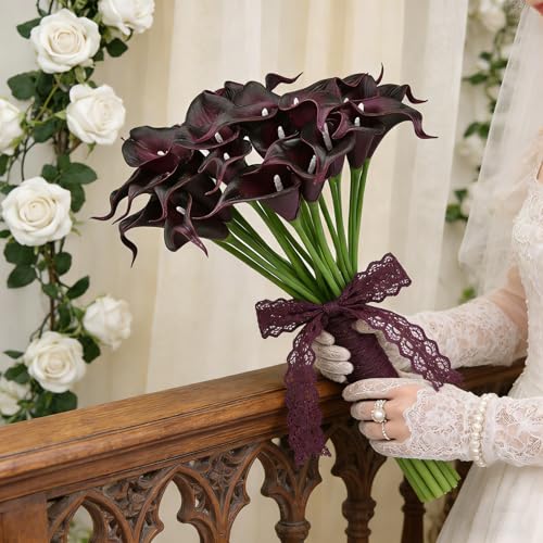 Calla Lily Bridal Wedding Festival Decor Bouquet Real Touch Latex Flower Bouquet Pack of 20 (Black Burgundy) - color: Black Burgundy