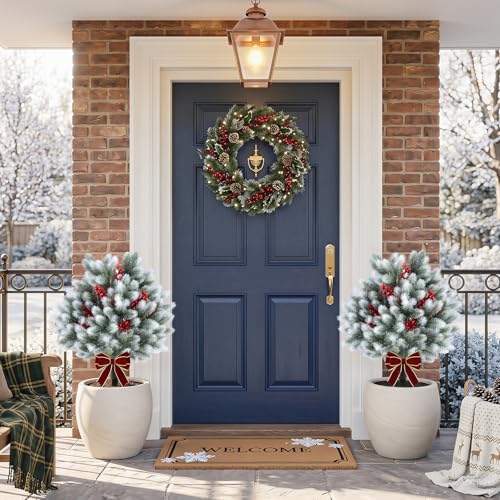 Goplus Artificial Cedar Topiary Ball Trees Set of 2, 27.5" Faux Pine Needle Bushes with Ground Spikes, Sun-Resistant Indoor Outdoor Fake Shrub Plants for Front Porch, Patio, Yard Winter Decor - color: Cedar