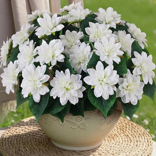 VIERENA 8 Bundles Artificial Dahlia Flowers for Outdoors Spring Summer Decor, No Fade Silk Flower Faux Dahlias Plant Arrangement for Home Garden Balcony Farmhouse（White） - color: White