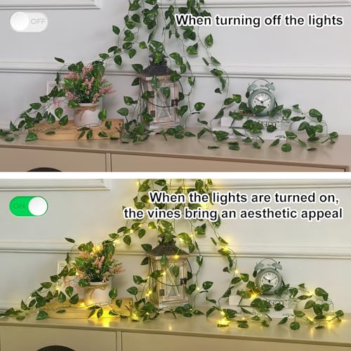 CEWOR Vines with Lights Battery Operated, 40ft 120 LED Ivy String Lights, Fake Ivy Garland with Lights for Home Wedding Decor (Pothos) - size: 40FT pothos with 120 lights