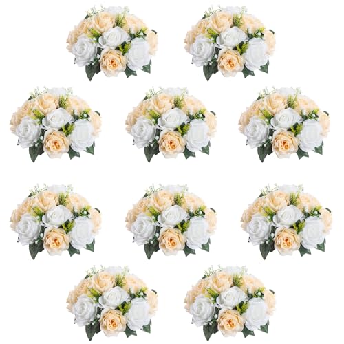 10Pcs Artificial Flower Ball Arrangement, 15 Flower Heads Wedding Roses Bouquet with Base Suitable for Parties Valentine's Day Wedding Centerpieces and Home Decor (Champagne & White) - color: Champagne & White