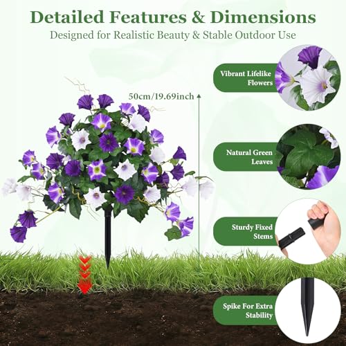 Elyum 2 Pack Artificial Flowers Topiary Ball Trees for Outdoors, 19.7" Lifelike Morning Glory Fake Bushes Plants, UV Resistant Fake Plants Faux Shrubs with Ground Spike for Porch Garden Decor (Purple) - color: Mixed Purple