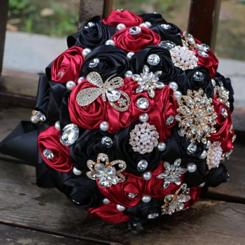 Bridal Wedding Bouquet Handmade with Luxury Gold Brooch Rhinestone Pearl for Bride Bridesmaid Quinceanera Satin Rose Flower Bouquet Wedding Burgundy and Black 8.7in - color: Burgundy & Black, size: Large (DIA. 8.7"/22cm)