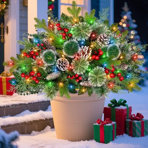 2 Pack 24" Lighted Outdoor Christmas Tree Urn Fillers Holiday Planters with Timer 8 Mode Warm & Colorful Light 6 Style Branches Eucalyptus Pinecones Red Berries Tripod Stake Front Porch Indoor Decor