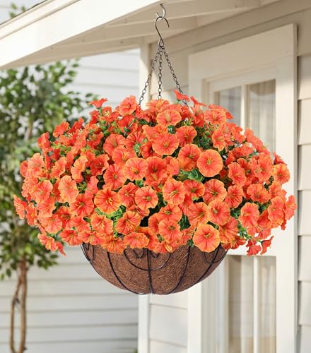 Artificial Faux Hanging Flowers Plants Basket for Outdoors, 12 Bundles UV Resistant Faux Outside Silk Morning Glory for Planter Realistic Artificial Flowers for Outdoor Porch Garden Patio, Orange - color: Orange