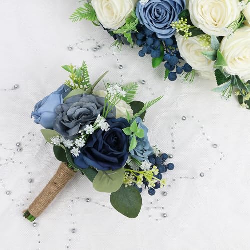 Bridesmaid Bouquets for Wedding - 7 Inch Artificial Flowers Bouquets for Ceremony Anniversary Centerpieces Decorations - Navy Blue and White - color: Navy Blue & White, size: Set of 1 Bridesmaid Bouquets