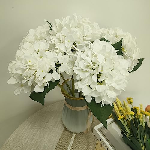 White Hydrangea Artificial Flowers,6 Pcs Faux Artificial Hydrangeas Flowers with Stems,Fake Silk Hydrangeas Flowers with Stems for Home Decor (6, White) - color: White