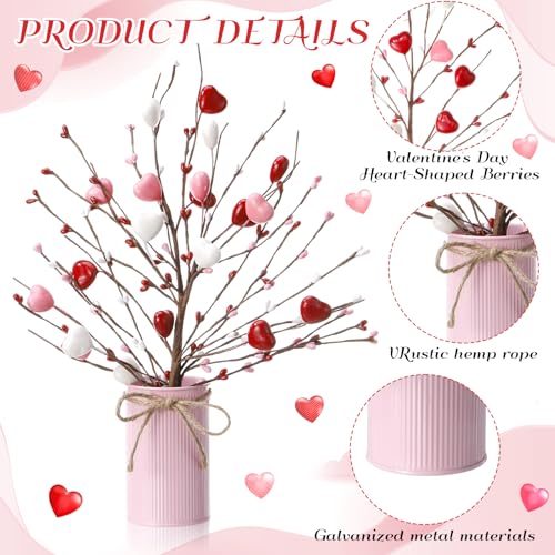 Zeyune 3 Sets Mother's Day Heart Berry Table Centerpiece, 6 Artificial Heart Berry Stems Picks with Metal Vase Pot, Fake Flower Arrangement for Wedding Reception, Mother's Day Decor - color: 3 Colors, size: Heart