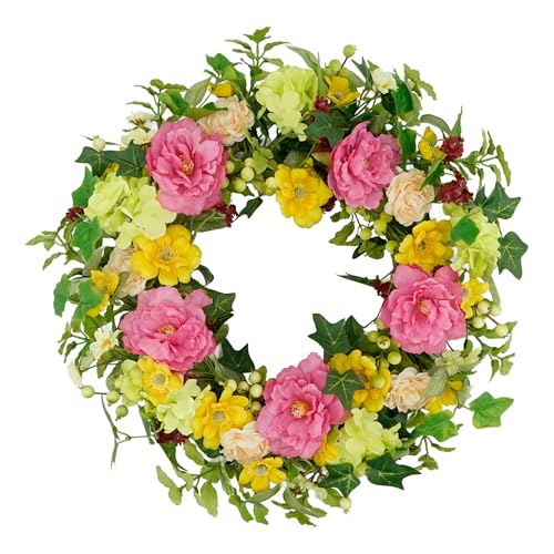 YNYLCHMX 20" Spring Summer Wreaths for Front Door, Artificial Floral Wreath with Peony and Eucalyptus Leaves, Green Foliage Wreath for Wall Window Farmhouse Party Holiday Home Decor - color: Colorful Peony