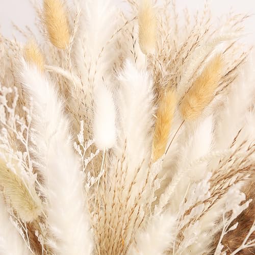 Dried Pampas Grass Bouquet White and Brown Boho Floral Arrangement Wedding Decor and Rustic Home Decor Faux Pampas Grass Tall Centerpiece for Table and Vase (Natural Harmony) - color: Natural Harmony