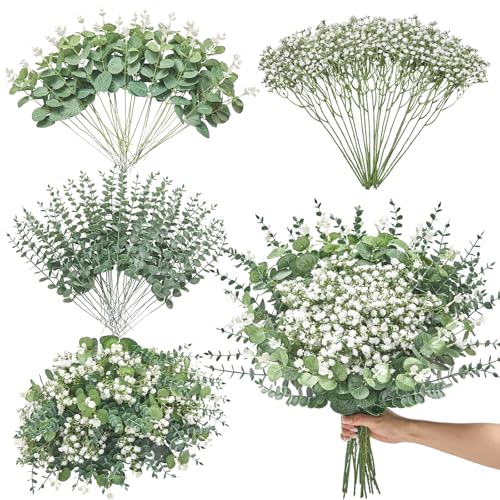 Serwalin 100 Pcs Mixed Artificial Eucalyptus Stems,Babys Breath Artificial Flowers Bulk with Faux Eucalyptus Leaves Greenery Stems for Wedding DIY Bouquets Floral Arrangement Home Decor - size: 100pcs