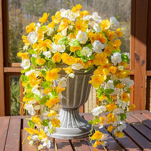 Fake Hibiscus Artificial Hanging Flowers Plants for Outdoors Spring Decoration, 4pcs Silk Hibiscus Vines Realistic UV Resistant Faux Flowers for Outside Planter Porch Patio Yard Wedding Party, Mix - color: Yellow + White, size: 4 pcs