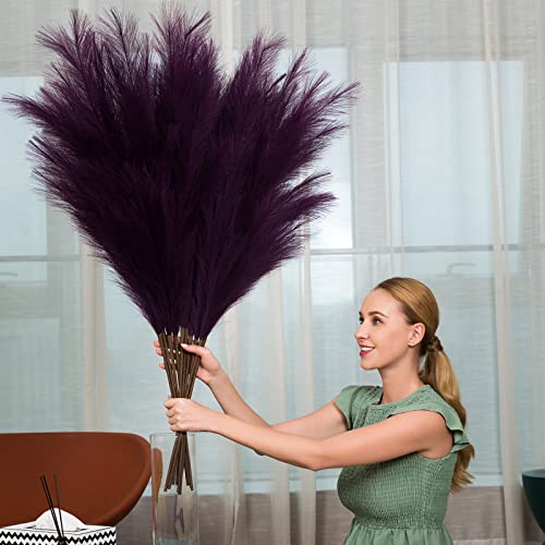 Pampas Grass Decor Tall, 43"/110cm Faux Pampas Grass 6 Stems Large Pompass Grass Branches Tall Bulk Boho Flower Arrangement for Home Room Wedding Party Decor(Purple) - color: Purple