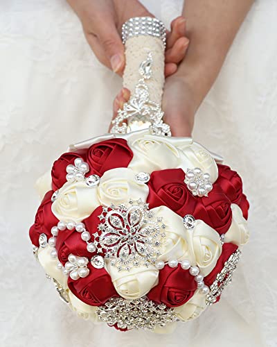 Sharebeauty 7.9 Inch Handmade Satin Rose Bridal Bouquet Toss Round Wedding Bouquet Throw Toss Artificial Flower Bunch Dark Red + Ivory - color: W3217d10 Dark Red/Ivory