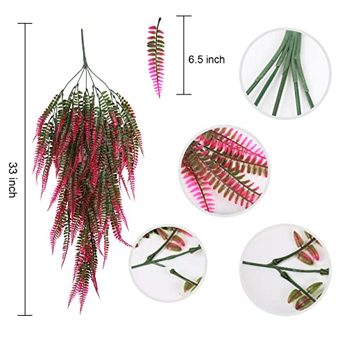 RECUTMS 4 Pcs Artificial Hanging Boston Ferns Plants Faux Fern Leaves Greenery Wall Decor for Outdoors Indoor Garden Weddin (Pink) - color: Pink