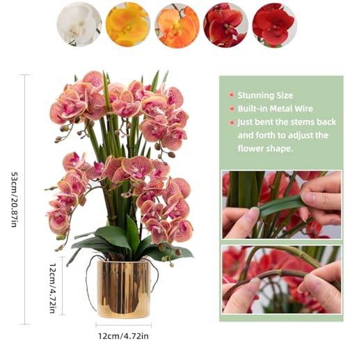CXGS Artificial Orchid Flower Plants Real Touch Faux Orchids in Ceramic Vase 20.9'' Purple Dapple Phalaenopsis Orchid Fake Flower Arrangement Home Indoor Decor - color: Purple Dapple- Golden (12cm)