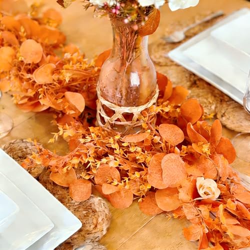 CQURE 3Pcs Eucalyptus Garland,Artificial Eucalyptus Leaves Table Greenery Garland Wreath Vines for Wedding Party Table Fireplace Bedroom Wall Room Decor - size: 17.7 Ft-Orange