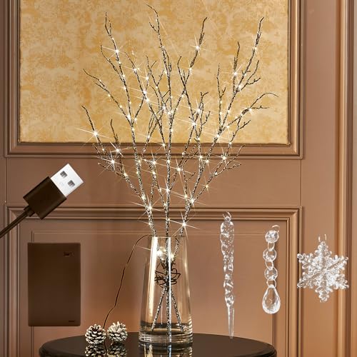 Fudios Lighted Willow Branches Christmas Glitter Battery Operated 32IN 120 LED Fairy Lights, Brown Branch Lights for Home Holiday Decoration Indoor Outdoor - color: Brown Willow Glitter, size: 1 SET