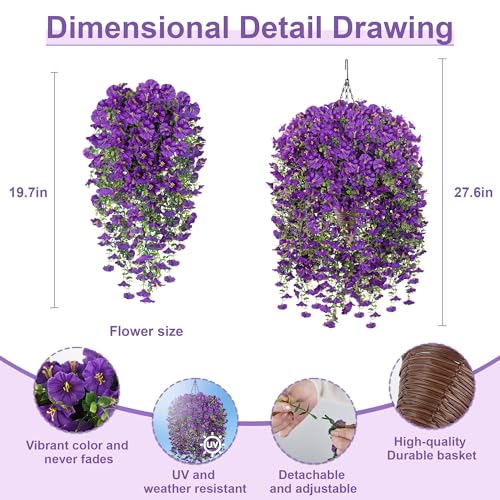 Artificial Hanging Flowers with Basket, 480 Blooms UV Resistant Faux Morning Glory Silk Plants, Fast & Easy Assembly Fake Hanging Baskets for Outdoor Porch Patio Garden Decor, Purple - color: Purple