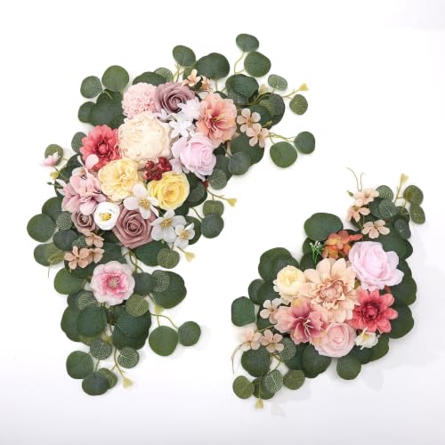 2 Pcs Wedding Arch Decorations - Reusable Artificial Hanging Flowers Floral Swag Greenery Garland for Wedding Welcome Sign Backdrop Bridal Ceremony Reception Backdrop Decoration(Green+Pink) - color: Pink+green+light Pink