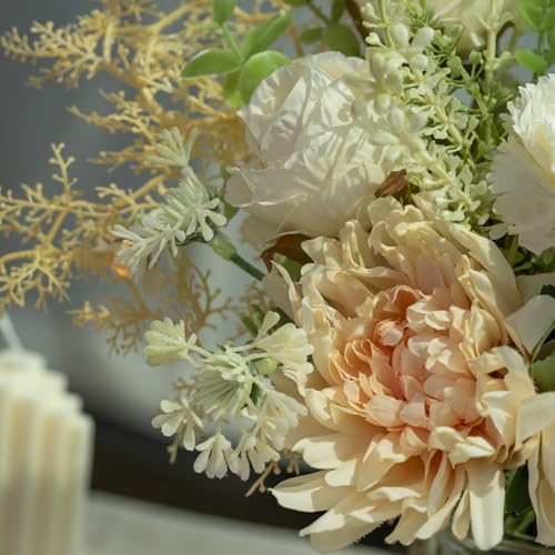 LESING Fake Artificial Flowers with Vase Faux Silk Flower Bouquet in Glass Vase Rose Floral Arrangements Flower for Home Office Decoration, Dining Table Centerpiece (White) - color: White