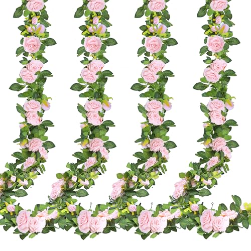 Sggvecsy 4Pcs 31Ft Artificial Rose Vine Fake Flower Garland Floral Garland Faux Silk Hanging Vine Rose Ivy Vines for Wedding Arch Party Wall Garden Ceremony Background Outdoor Decor (Pink) - color: Pink, size: 4Pcs