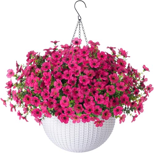 HyeFlora Artificial Faux Hanging Flowers Plants Basket for Outdoor Outside Porch Spring Decoration, Fake Silk Hotpink Daisy UV Resistant Look Real in Planter for Home Patio Balcony Garden - color: Rose Red
