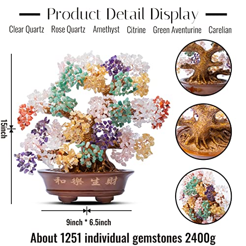 Natural Large Chakra Crystal Tree14, Included Lucky Coins Chain, Tree of Life(1251 Gemstone Count) with Healing Properties- Bonsai Feng Shui Money Tree for Good Luck and Wealth - color: Multicolor