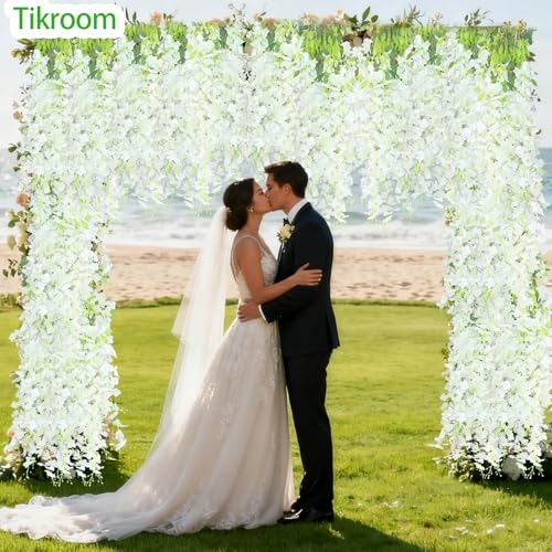 10 Pack Artificial Wisteria Hanging Flowers 3.6 Feet/Piece White Dense Fake Wisteria Vine Ratta Hanging Garland Silk Flowers String for Home Wedding Arch Wall Party Garden Decor - color: White