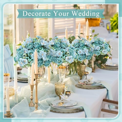 Yungyan 8 Pcs Wedding Artificial Rose Flowers Fake Roses Silk Hydrangea Berry Bouquet 12 Inch Faux Flowers for Bridal Wedding Party Floral Home Decoration Table Centerpieces(Teal Blue)