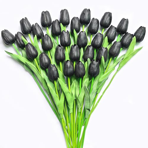 30 PCS Artificial Tulips Real Touch Tulips 13.5inch Long Stem Fake Flowers Silk Flowers for Spring Easter Mother's Day Decorations（Black） - color: Black