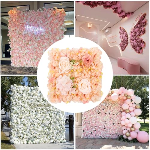 12-Pack Flower Wall Panels, 15x15 Inch Artificial Silk Rose Backdrop 3D Silk Hydrangea Rose Floral Panel for Photo Background Home Party Wedding Backdrop Decoration - color: Orange