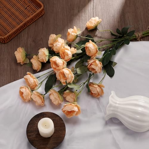 6 Pcs 32" Large Light Brown Artificial Peonies Stems Flowers, Real Look Faux Silk Peony Bouquet 42 Heads Total for Vase Filler, Farmhouse Rustic Neutral Home Decor, Wedding Centerpieces - color: Creamy Orange