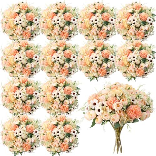 Tigeen Peonies Artificial Flowers Faux Roses Silk Flowers Hydrangea Artificial Bouquet for Wedding Table Centerpiece Floral Vase Home Office Bridal Decor(Champagne,12 Bundles) - color: Champagne