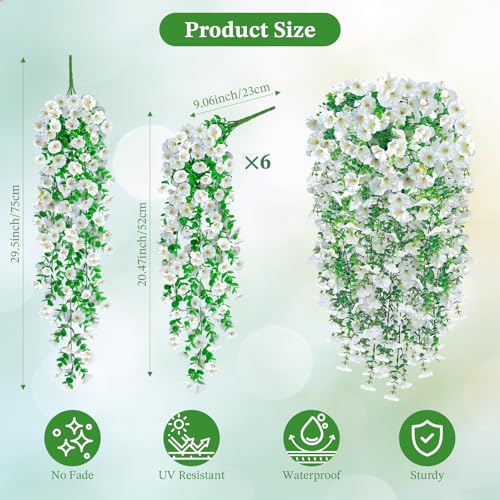 Artificial Hanging Flowers for Outdoors, 6Pcs UV Resistant Morning Glory Vines Fake Flowers with Eucalyptus, Realistic Silk Faux Hanging Plants Decor for Outside Planter Porch Patio (White) - color: White
