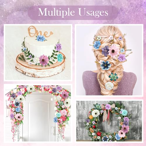Cindeer 217 Pcs Mini Silk Flower Heads Bulk, Small Fake Flowers for Crafts Artificial 3D Loose Fabric Flower for Crafts DIY Wedding Party Hair Cap Dresses Decorations(Blue Purple Series) - color: Blue Purple Series