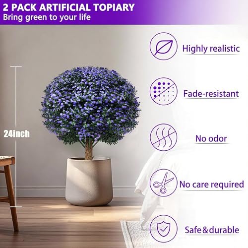 THKFUL Artificial Boxwood Topiary Ball Tree Outdoor Set of 2,Faux Bushes Plants with Spike,Artificial Boxwood Ball Fake Shrubs with Stake UV Resistant for 4th of July Outdoor Planter Garden D17 - style: Purple Boxwood