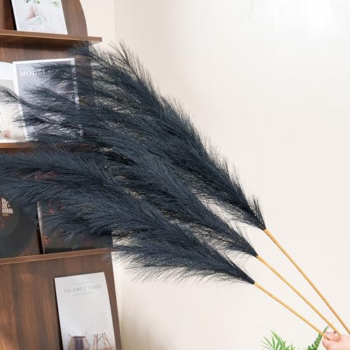 Premium Faux Black Pampas Grass Decor 8pcs 43.3″ – Jet Black Tall Dramatic Feather Flowers, No Assembly 18-Branch One-Piece Stems for Modern Gothic Wedding & Luxe Home Decor, Floor Vase Statement - color: Faux Black, size: 8pcs 43.3"(110cm)