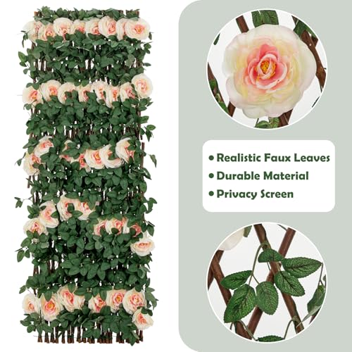 Expandable Fence Privacy Screen with Artificial Flower, Greenery Expandable Stretchable Covers Panel Privacy Fence for Balcony Patio Garden, Single Sided Leaves (Pink Rose, 2 Pack) - color: Pink Rose, size: 2 Pack