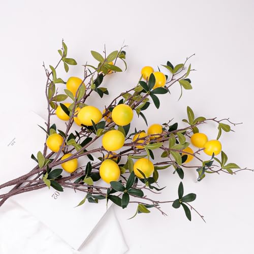 Gresorth 3 Pcs 37.4 Inch Yellow Lemon Lifelike Decoration Artificial Fake Plastic Branch Realistic Fruit Bouquet Display House Cabinet Table Model - color: Yellow Lemon